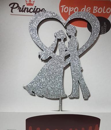 Topo Bolo Noivos Corao Prata Com Glitter