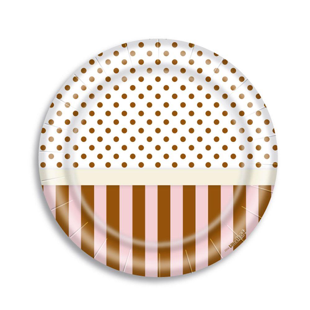 Prato 18 cm Papel Listra Po Marrom Po Rosa 08 unidades