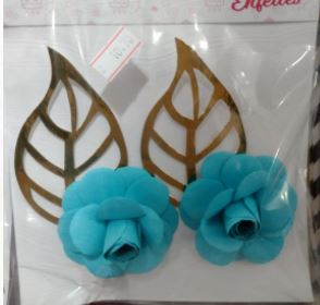 Enfeite Folha Dourada Com Flor Mdia Turquesa Unidade