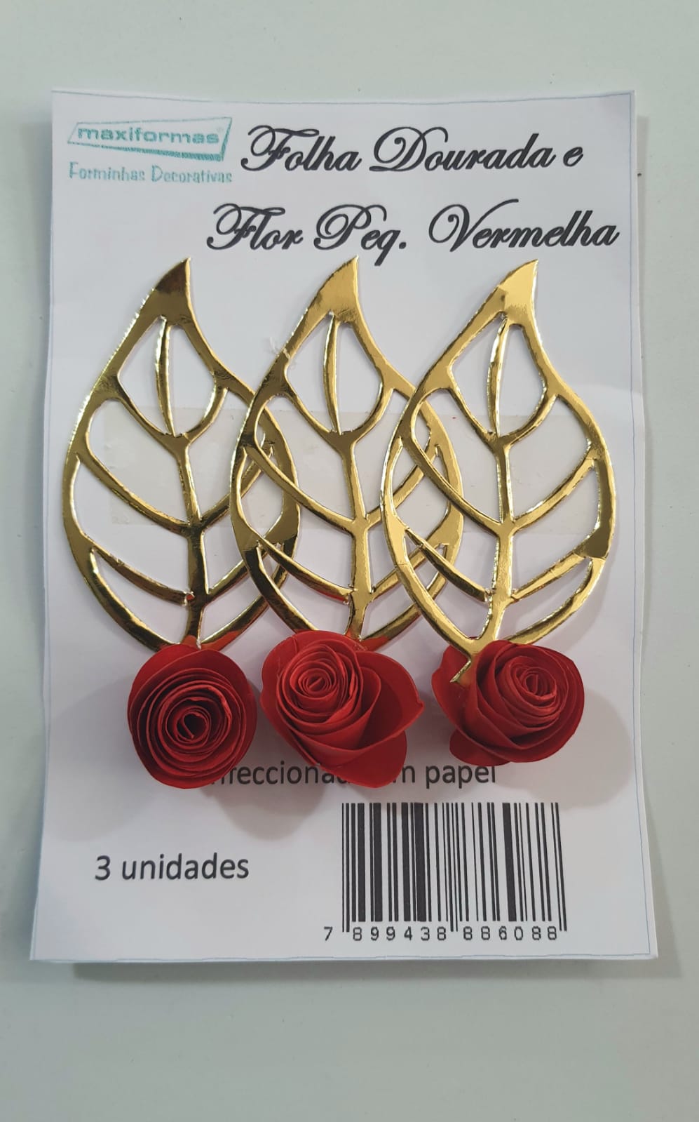 Folha Dourada Com Flor Pequena Vermelha 03 Unidades
