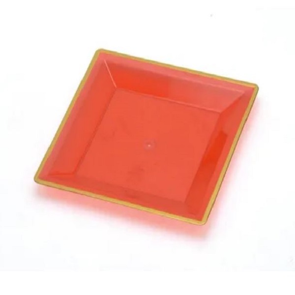 Prato Quadrado Acrlico Vermelho Ouro 16cm 06 Unidades