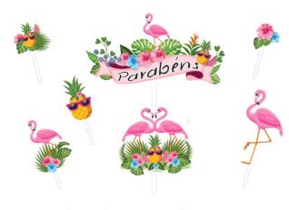 Topo de Bolo Flamingo 06 itens